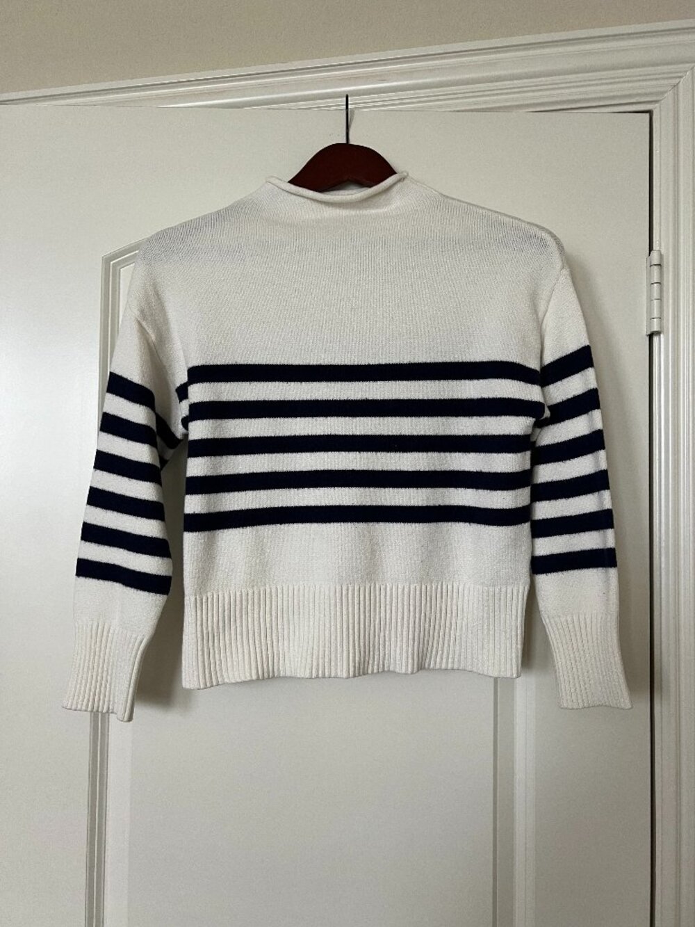 Mock Neck Navy & White Striped Sweater | 3/4 Sleeves